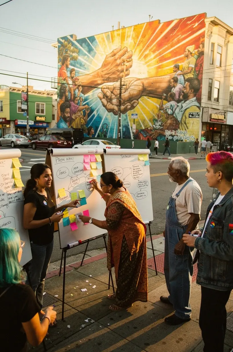 Photo of a multi-generational family sharing their experiences and solutions to community problems in a living room setting.