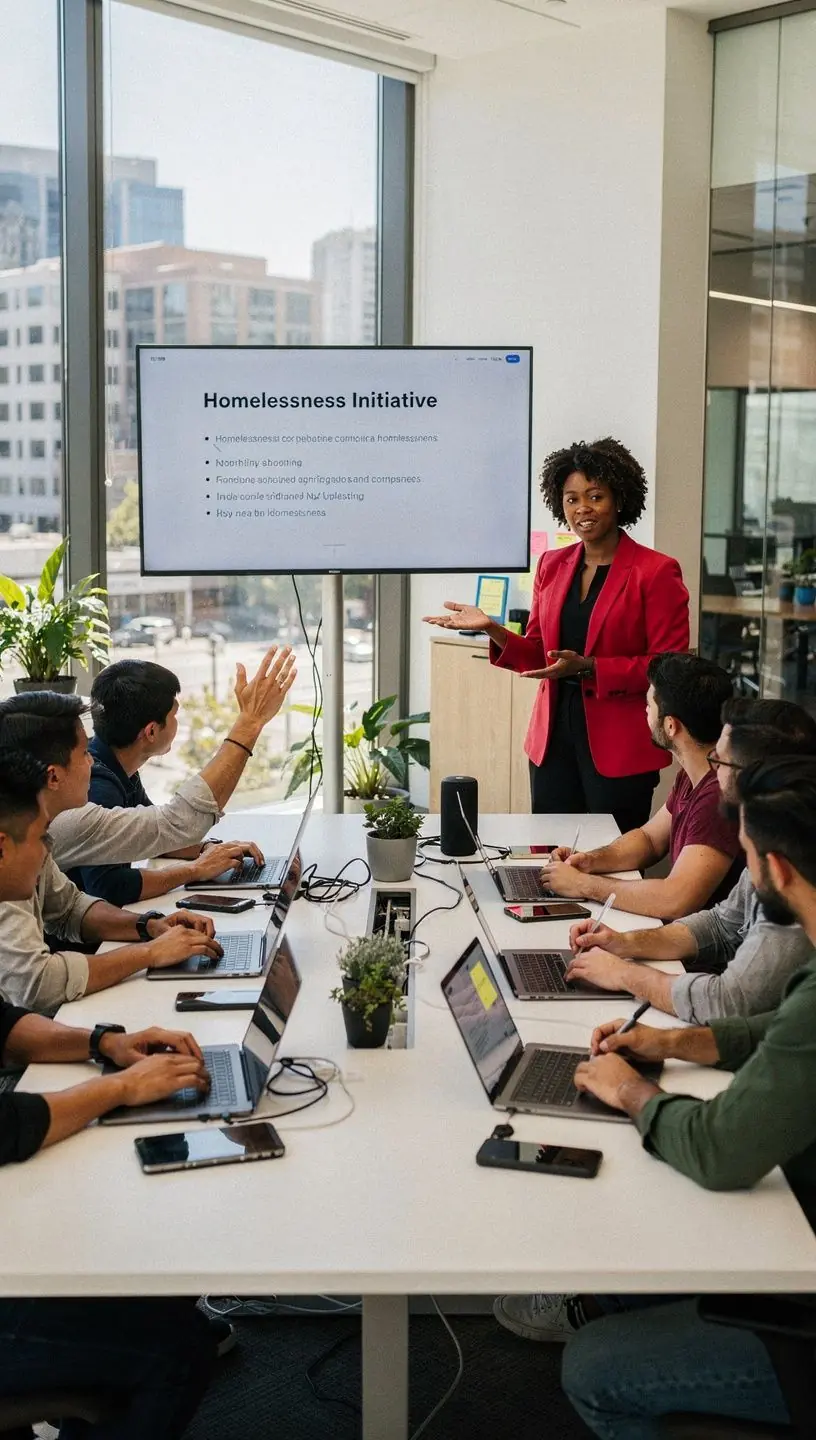 Diverse group of community members gathered around a table discussing local issues and sharing stories.